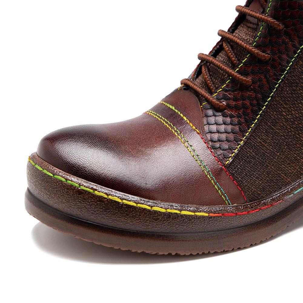 Johnature Genuine Leather Retro Shoes Women Boots Zip Round Toe Mixed Colors Sewing Handmade Concise Platform Boots