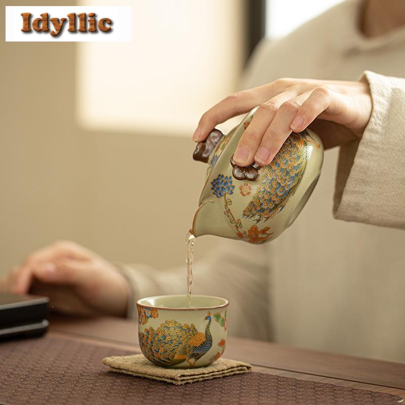 200ml Ru Kiln Flowers and Birds Hand Grab Teapot Elegant Tea Infuser Pot Tea Maker Kettle with Strainer Drinkware Collection