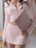 Fashion Hot Girl Pink Knit 2-piece Set Women Design Sweet Skinny Long Sleeve Hooded Tops Female + Elastic Waist Short Skirt New