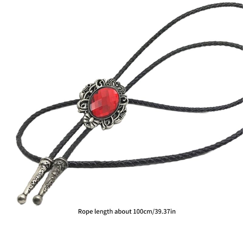 Mens American Bolo Tie Western Antique Crystal Cowboy Pendant Shirt Chain Collar Necktie Leather Rope Jewelry Necklace