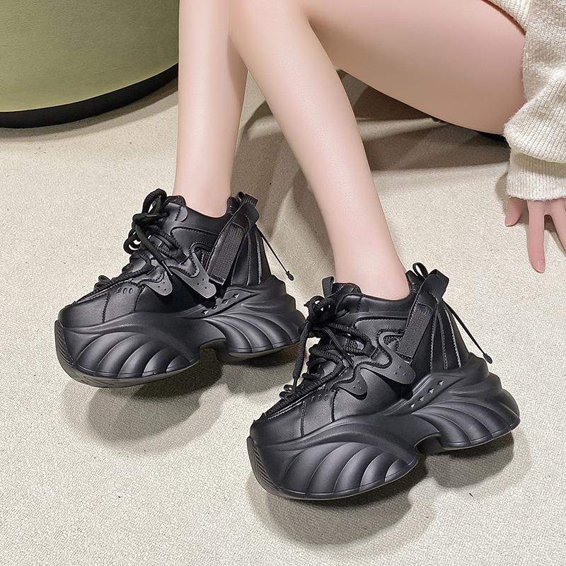 Fashion 10CM Women High Platform Sneakers Autumn Winter Lace-up Chunky Shoes Heels Thick Sole Casual Shoes Woman Sport Leather Sneakers