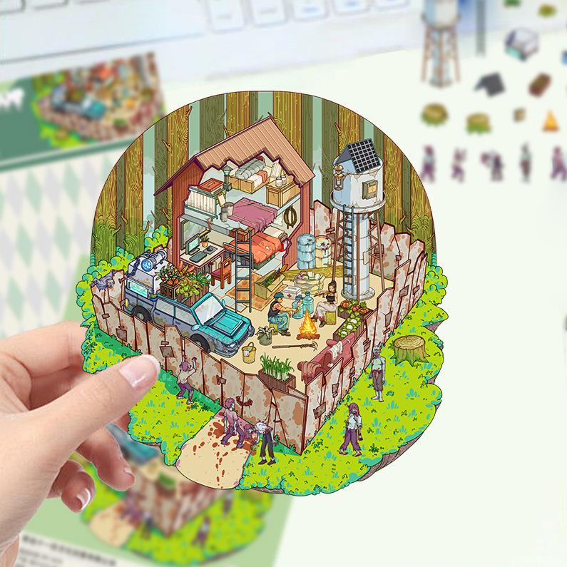 Kreslené krajinné samolepky Vícenásobný miniaturní svět 3D chata Rozbalit DIY scéna Ruční příspěvek