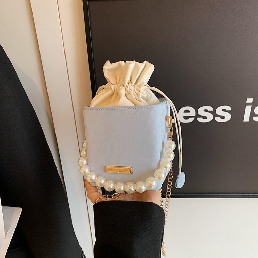 Pearl Waist Bag Fashion Chain Handbag Gifts All-match Drawstring Handbag Vintage Shoulder Crossbody PU Leather Small Square Bag