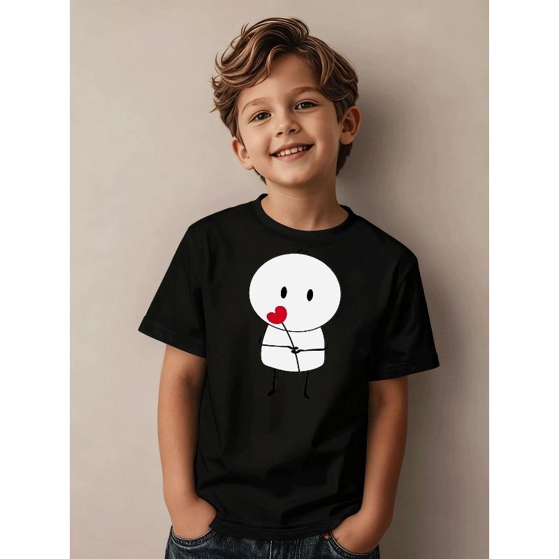 Casual Boys' T-Shirt Featuring a Trendy And Adorable Cartoon Design with a Red Heart Motif