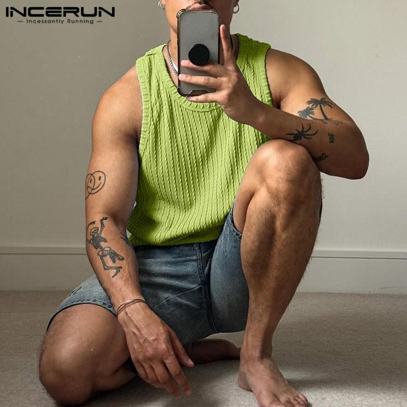 INCERUN Men Summer O-neck Sleeveless Texture Casual Sports Tank Tops T-shirts