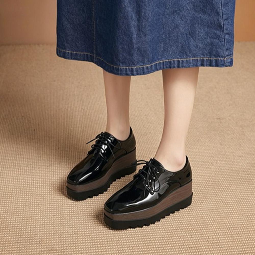 HZB‑761‑8 2026 New Women Patent Leather Lace‑Up Wedge Platform Pumps, British Style Soft‑Sole Versatile Thick‑Sole Casual Leather Shoes