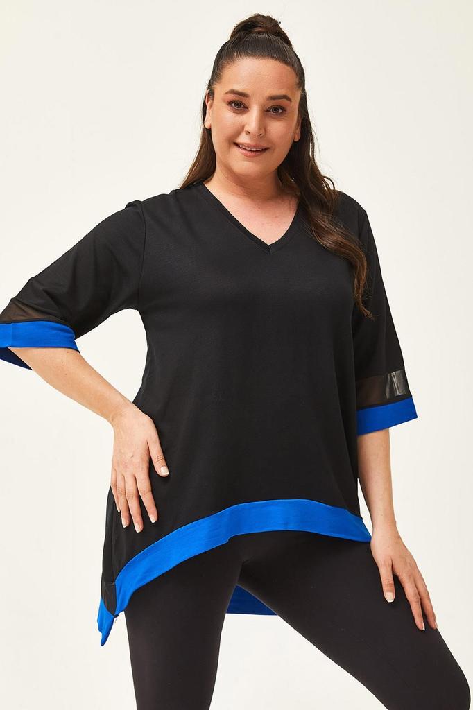 Women's Big Size Blouse Plus Size Black-Green Blouse with Tulle Detail On Sleeves and Skirt