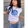 2025 Summer Pure Cotton Rubik's Cube Earth American Sexy Shoulder T-shirt Women's Round Neck Print Short Sleeve Silm Tops