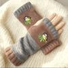 Gants en tricot sans doigts avec broderie de chat et patchwork, Gants décontractés ouverts aux doigts tendance pour femme, Mitaines chaudes d'hiver sans doigts