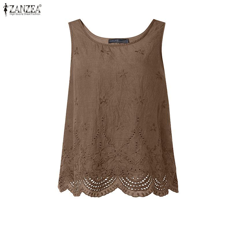 ZANZEA Women Casual Round Neck Loose Sleeveless Lace Crochet Tank Tops