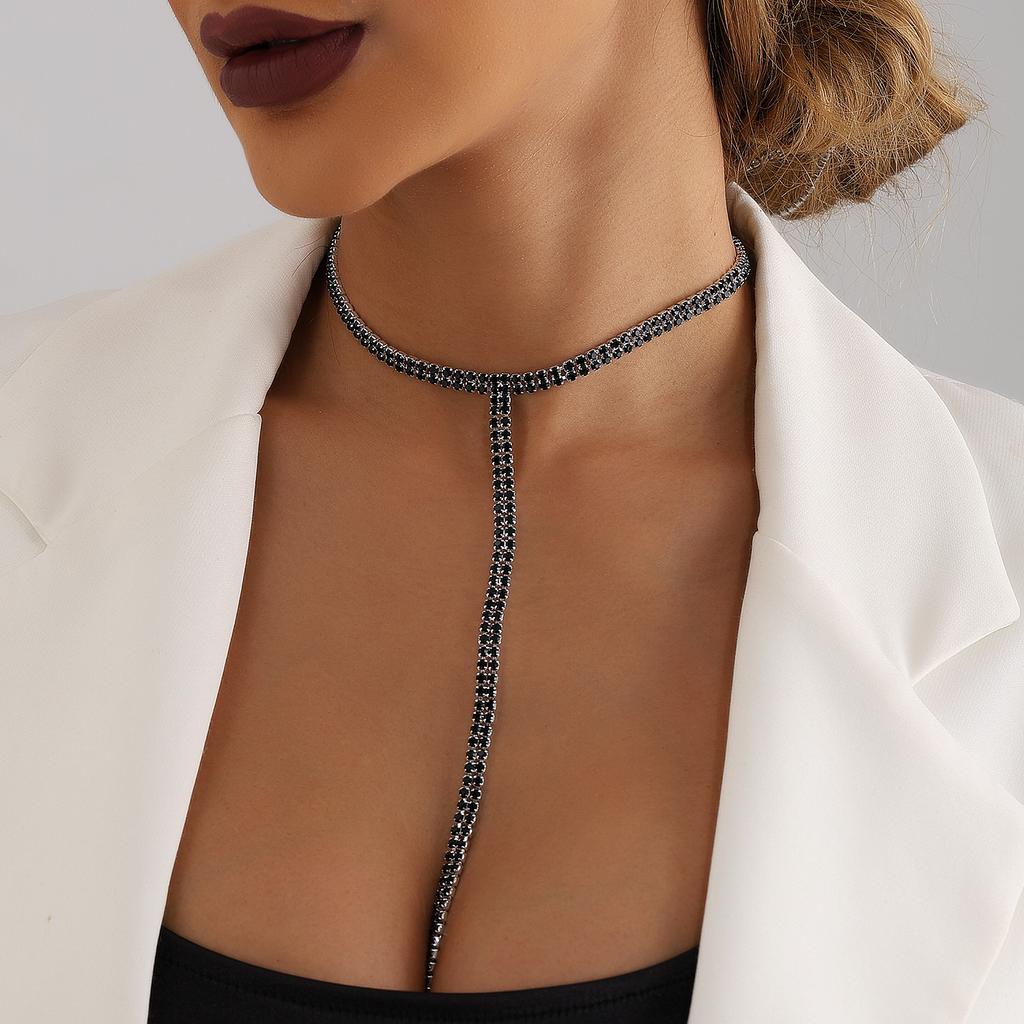 Accessories T-Shaped Sexy Black Full Diamond Double Neck Chain Long Necklace Women'S Clavicle Claw Diamond Chain Necklace