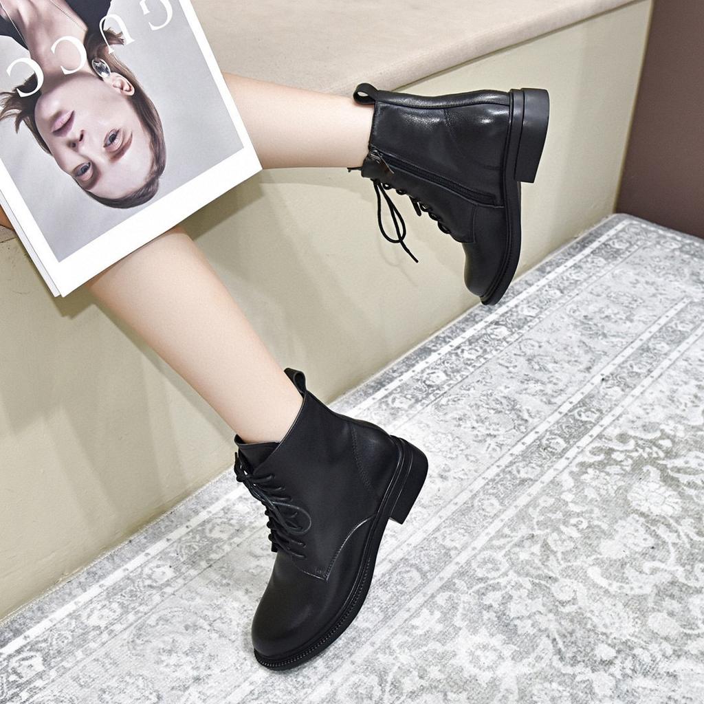 Round Head Leather Boots Martin Boots Women's Large Size First Layer Cowhide Comfortable Flat Bottom Short Boots Black Cotton Boots Women's Boots