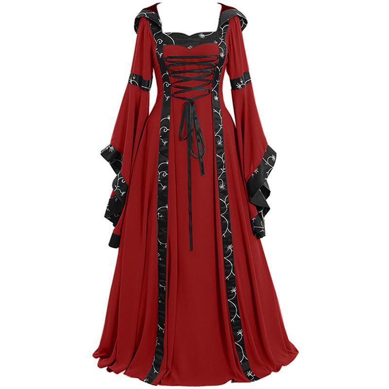 Medieval Retro Hooded Dress with Square Neck, Lace-Up Detail, and Bell Sleeves