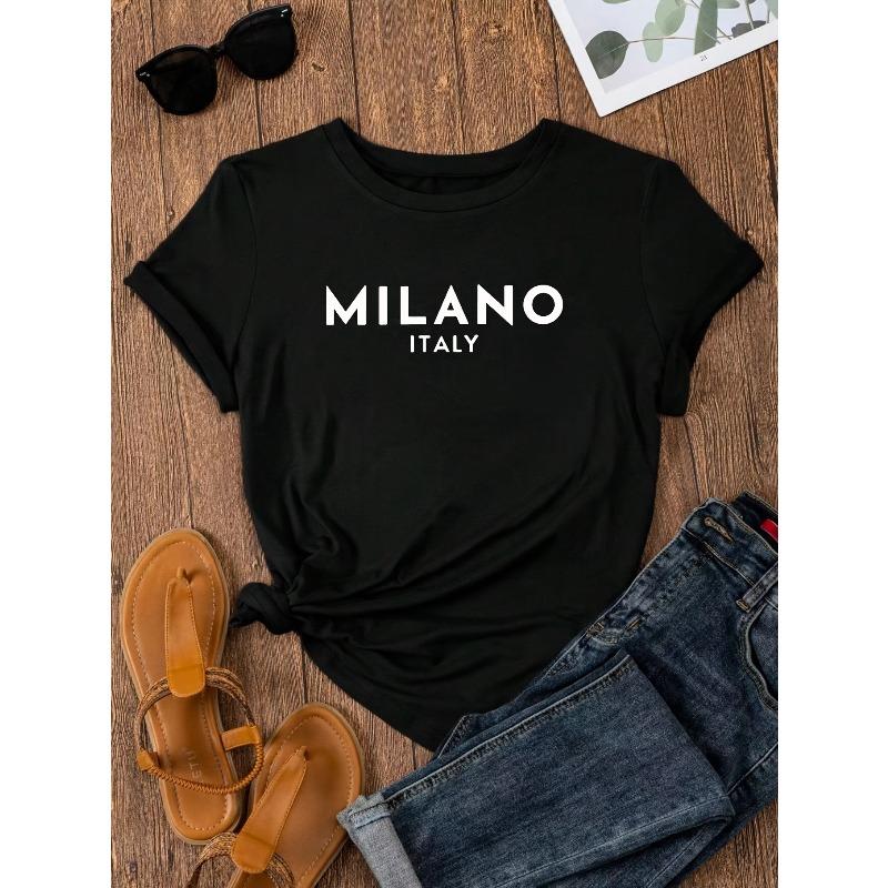 

European Size Letter Print Crew Neck T-Shirt, Casual Short Sleeve T-Shirt For Spring & Summer, Women s Clothing 4XL чорний
