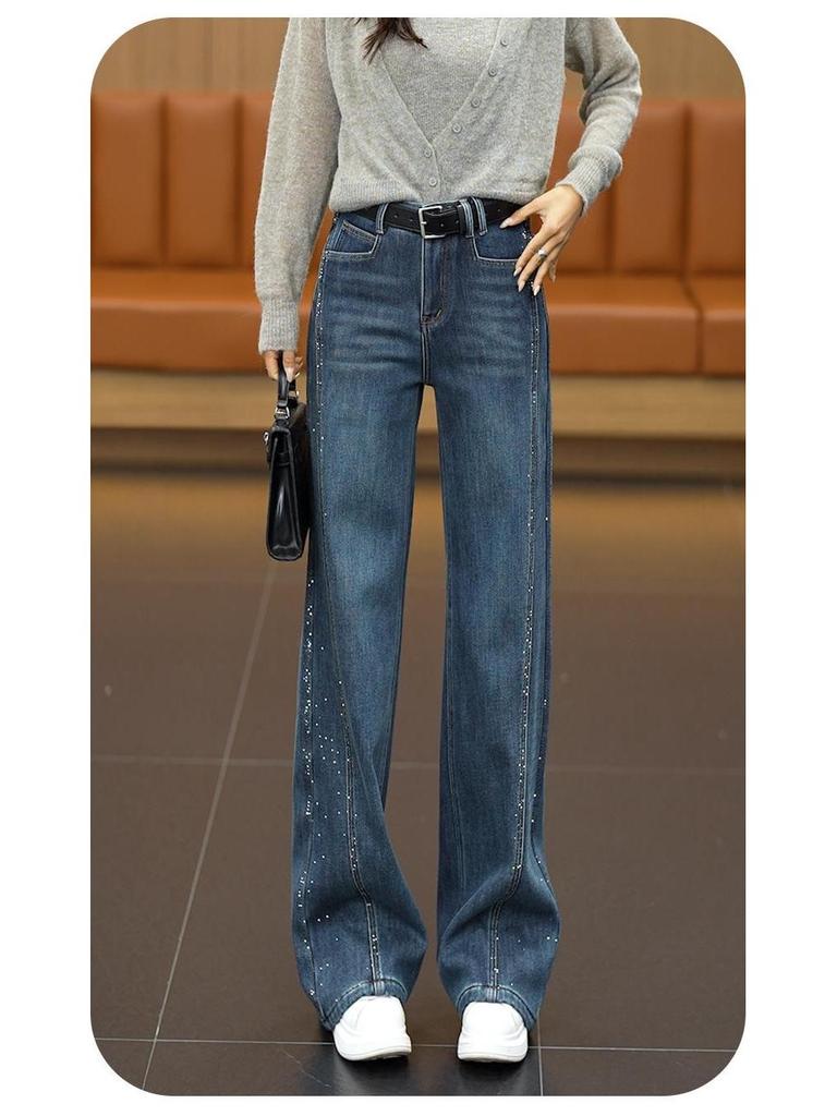 Retro Blue Rhinestone High-Waist Straight Leg Jeans for Women - Stylish, Versatile, Slimming Pants for Spring, Autumn, and Winter 2026