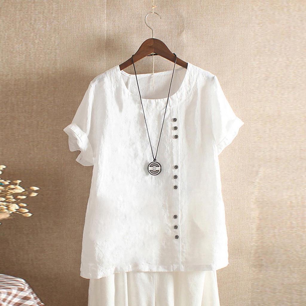 2024 Women's European & American Fashion Short Sleeve Casual Cotton Linen Top with Button Detail