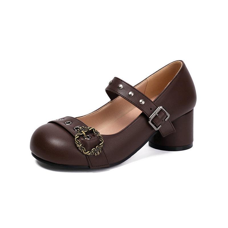 

Весенние и осенние милые красивые женские туфли-лодочки на круглом каблуке, среднем каблуке, студенческие кожаные туфли, милые туфли-лодочки, пряжка-ремень, универсальные 39 коричневый