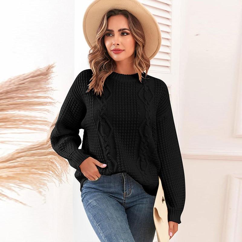 Womens Solid Color Crew Neck Knit Sweater With Cable Twist Detail Long Sleeve Casual Pullover Winter
