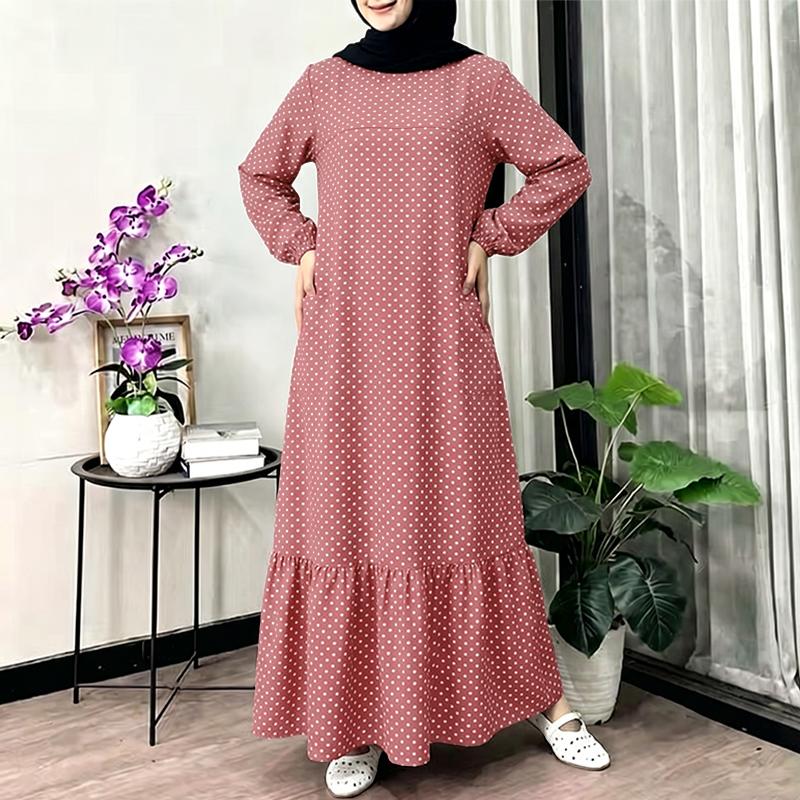 ZANZEA Women Muslim Casual Round Neck Long Sleeve Loose Polka Dot Print Dress