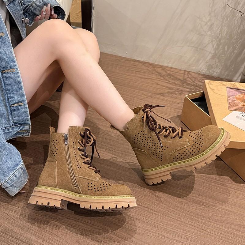 Fashion Women's Breathable Short Boots Zipper Lace-up Decoration Square Heel Round Toe Shoes Women Leisure Daily Breathable Roman N