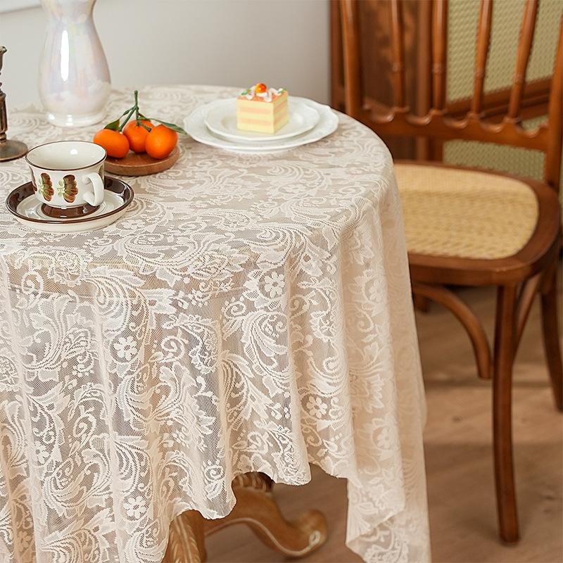 Elegant French White Lace Tablecloth - Solid Polyester, Round/Rectangular/Square Options for Dining and Coffee Tables, Perfect for Home Decor