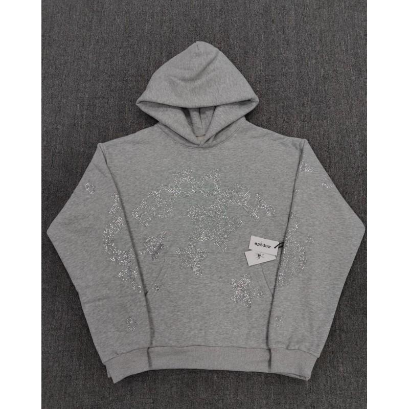Mens Oversized Hoodie With Spider Web Print Rhinestone Embellishment Cotton Pullover Sweatshirt