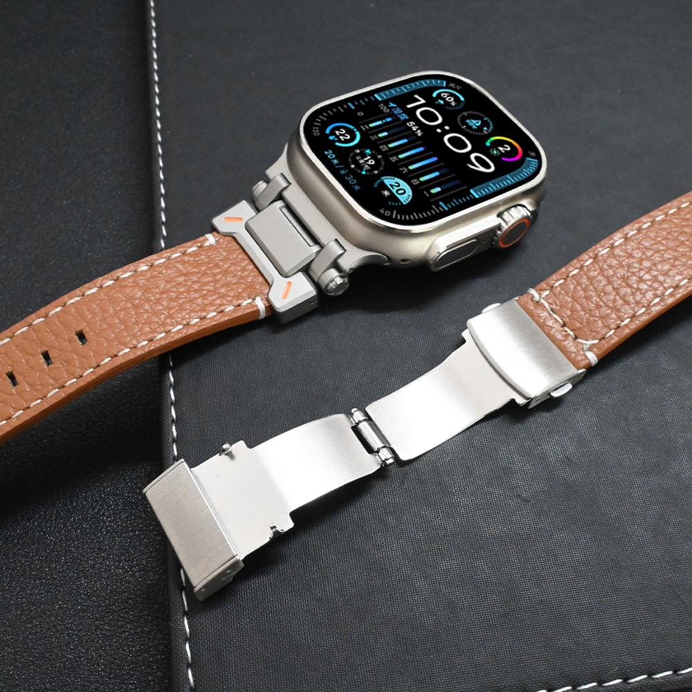 Leather Band for Apple Watch Ultra 3/2 49mm 46mm 45 44mm Luxury Bracelet Titanium Color Strap for iWatch Series 11 10 9 SE Loop