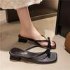 Fashion 2025 Summer Square Toe Slipper Bow Tie Elegant Thong Sandals for Women Mid-Heel with Dress Breathable Design Slippers Zapatos