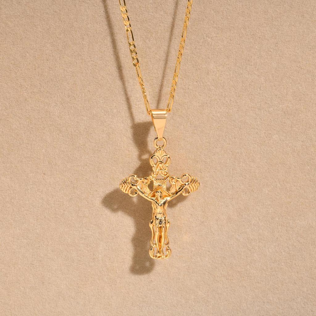 Vnox Gold Plated Pendant Necklaces For Women Stainless Steel Hollow Jesus Cross Necklaces Classic Design Christain Jewelry Gift
