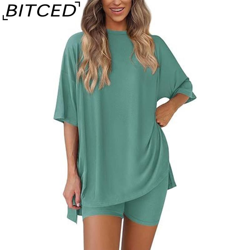 BITCED Women's Spring/Summer Loose-Fit Fashion Solid-Colour Casual Short-Sleeved Top and Shorts Two-Piece Set