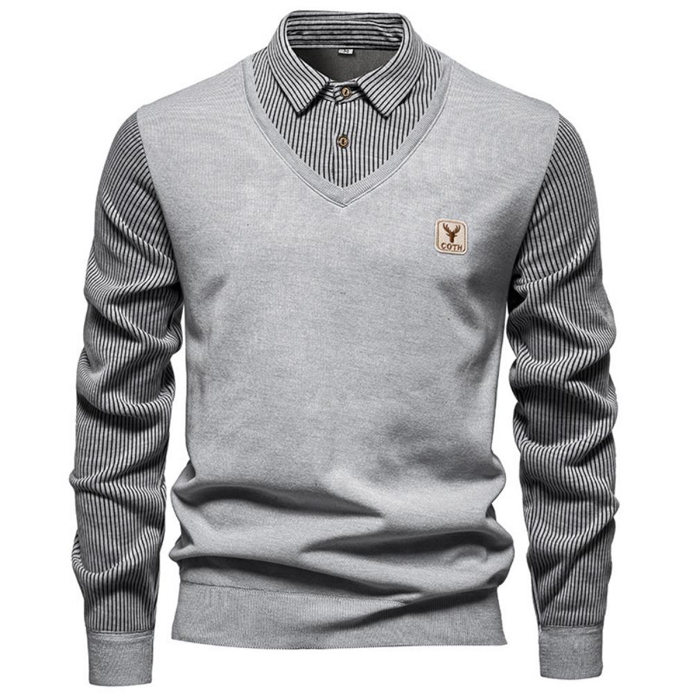 

Autumn and Winter New Men s Fake Two Piece Sweater with Fleece and Slim Fit Polo Collar Knitted Bottom Shirt Thickened and Warm 4XL сірий