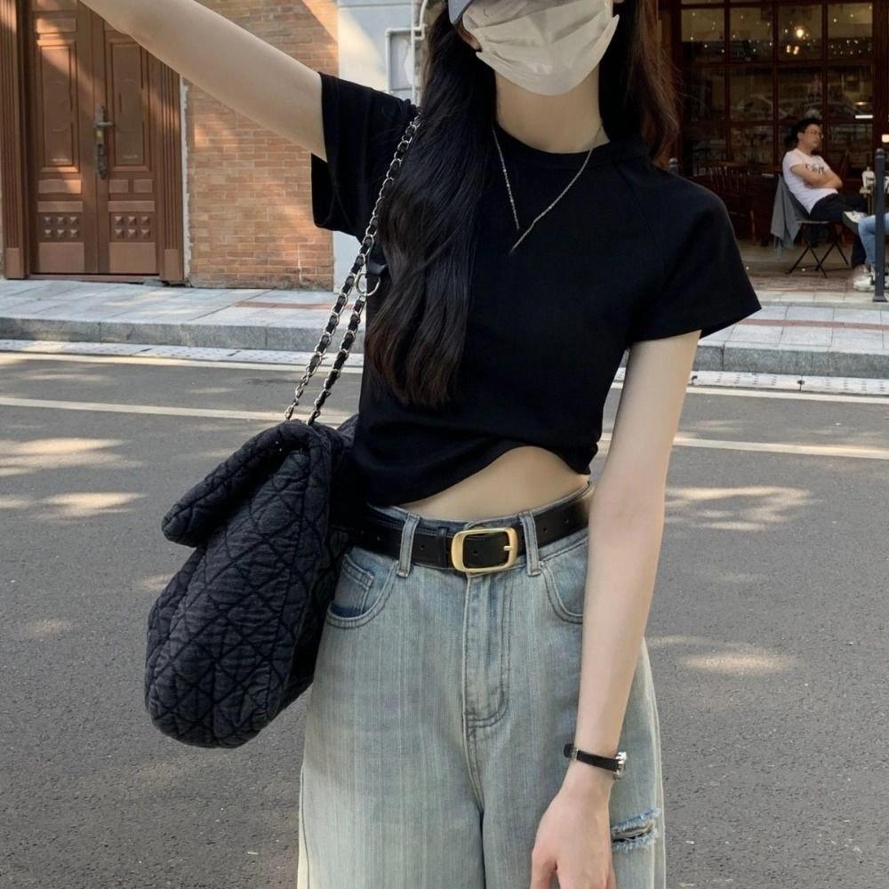 Chic Y2K Crop Top Solid Color Tees Shirts Women Simple Short Sleeve T-shirt Streetwear