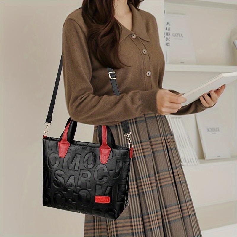 Stylish Letter Embossed Handbag, Color Contrast Crossbody Bag, Women's Top Handle Tote Bag Shoulder Purse