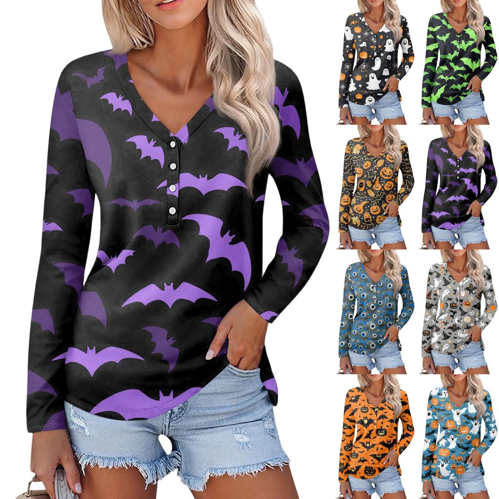 Women's Casual Fashion Sexy Comfort Halloween Printed V-Neck Button Long Sleeve