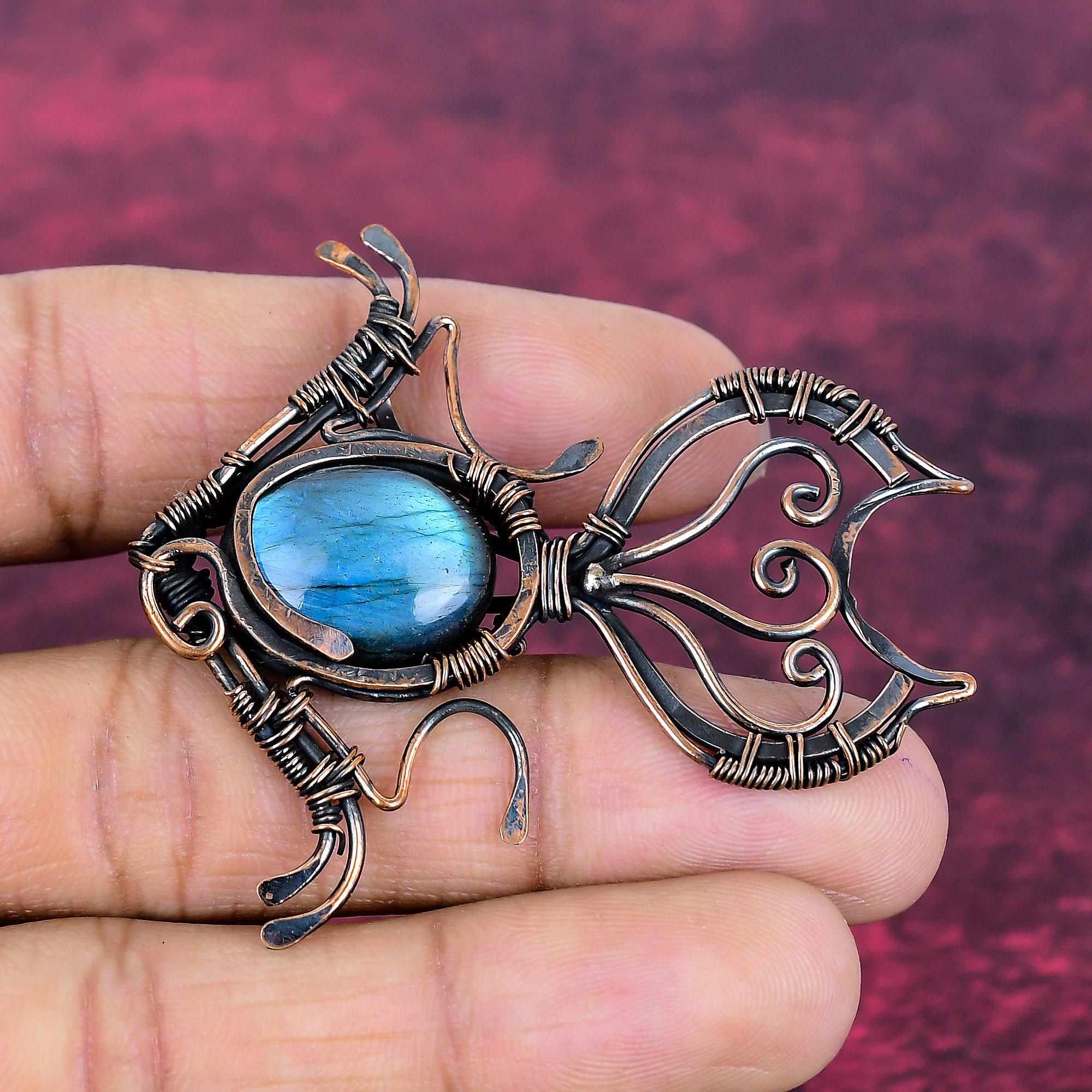 Labradorite Pendant Copper Wire Wrapped Fish Pendant Gemstone Handmade Jewelry