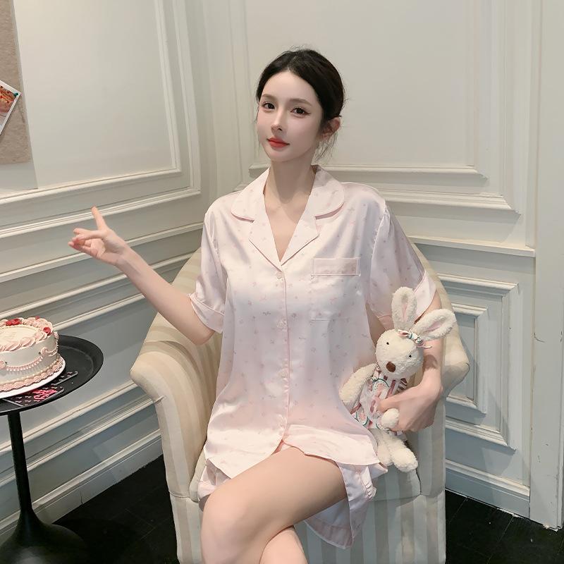 Plus Size Women’s Summer Ice Silk Pajama Set Short Sleeve Top and Shorts Lightweight Loungewear Sleepwear