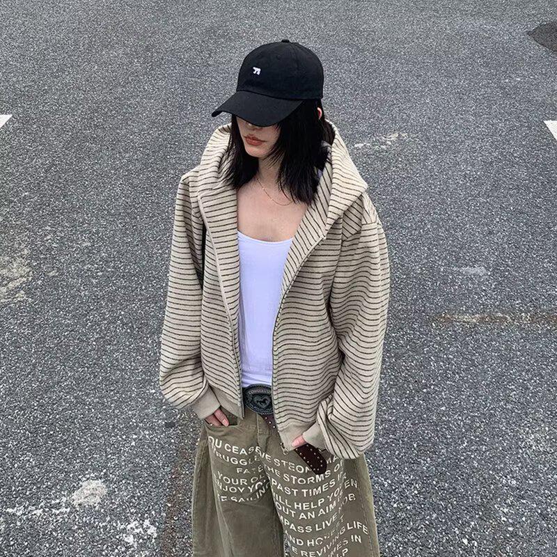 Unisex American Retro Patchwork Striped Zip-Up Hooded Cardigan 2025