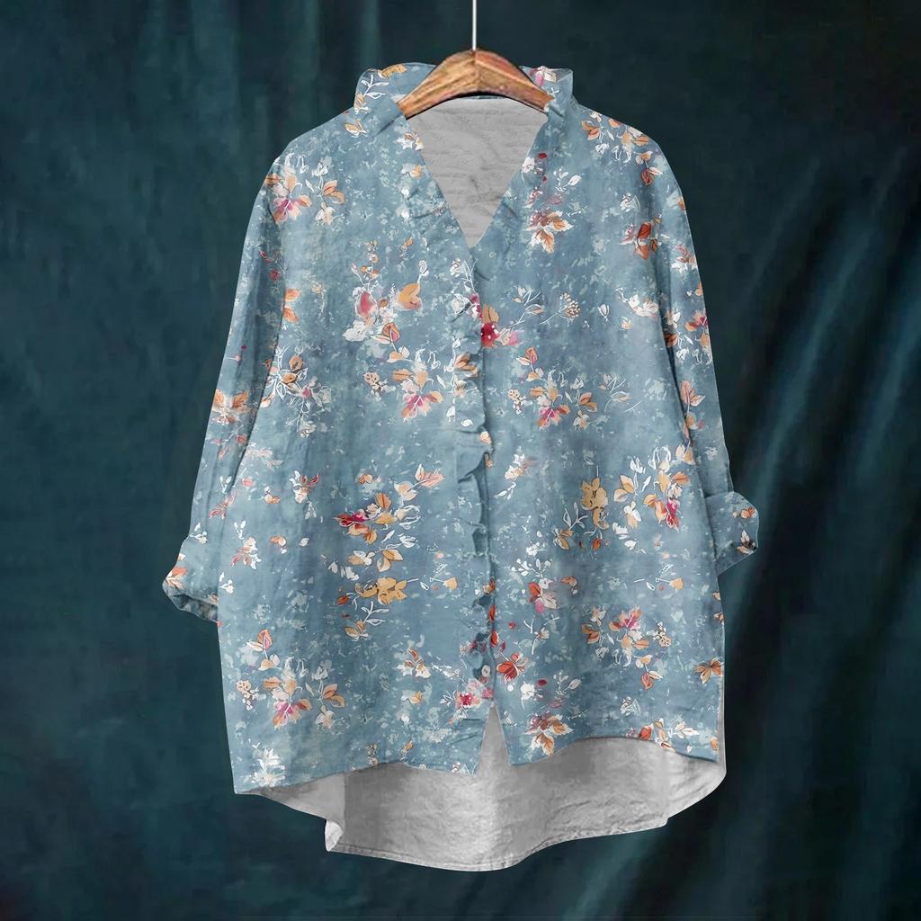 Women's Loose Ruffled Floral Print Stand Collar Long Sleeve Cotton And Linen Top