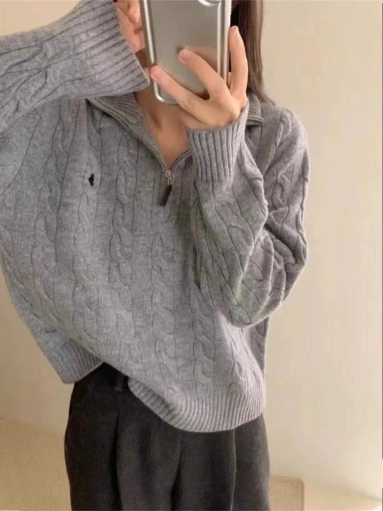 Pulovere tricotate vintage Y2k, toamnă iarnă, pentru femei, stil coreean, ocazional, cu fermoar, pulover solid, îmbrăcăminte șic pentru femei