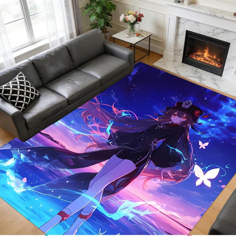 Anti‑Slip Crystal Velvet Floor Rug, Genshin Impact Design Carpet for Indoor Living Bedroom Home Decoration