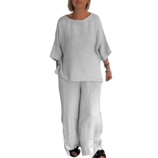 2 Pcs/Set Women Shirt Pants Set Color O Quarter Neck Three Solid Sleeve Top Wide Leg Elastic Waist Loose