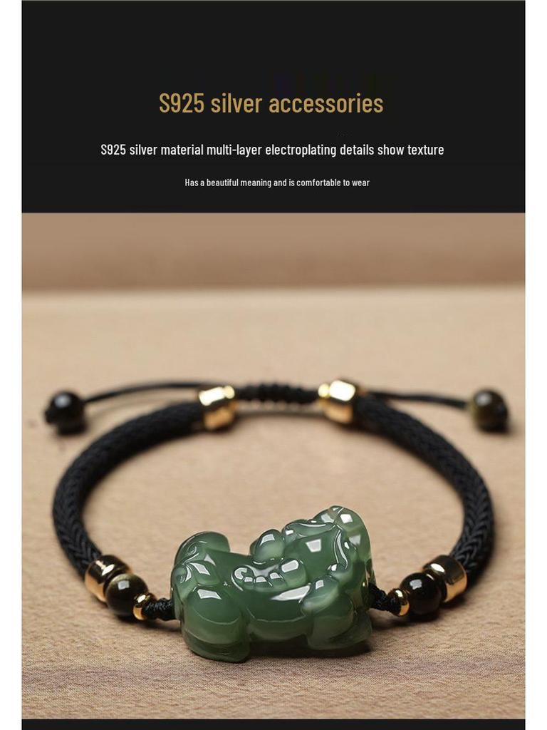 Hetian Jade Välgångsdragande Pixiu Berlockarmband för Par - Jade och Pärlbesatt Handrep Smycken för Kvinnor och Män.