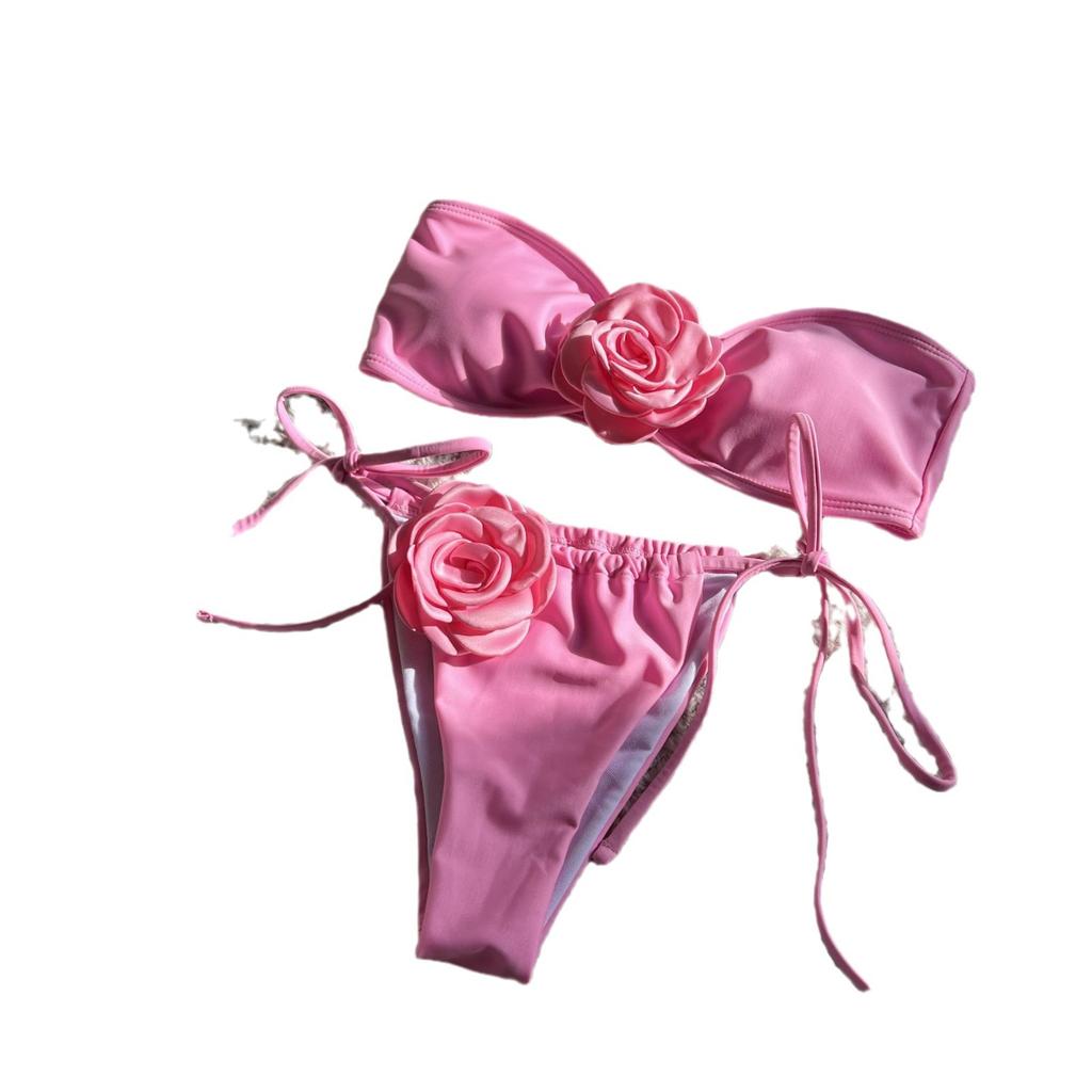 Jednobarevné Rose Tube Top Stahovací popruh Pásek Split Plavky Bikiny