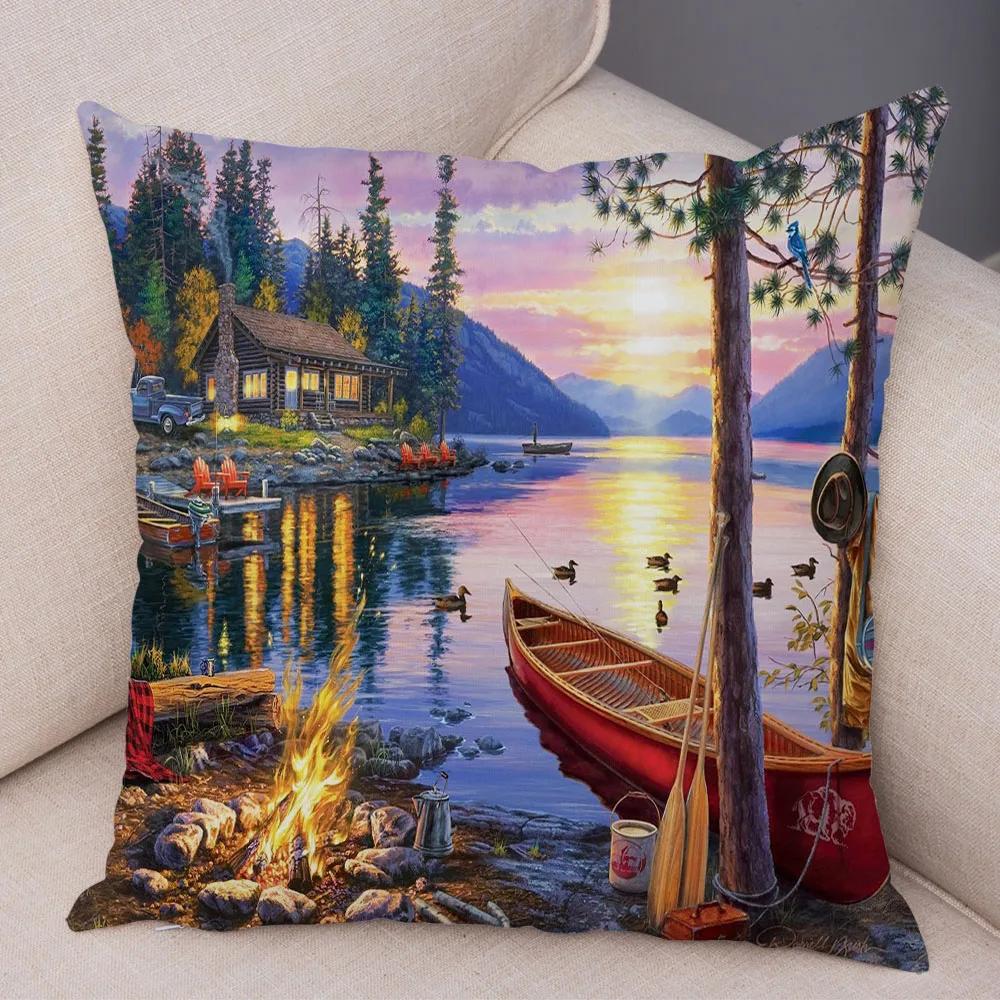 Vintage Colorful Style Coconut Tree Pillow Cover Country House Landscape  Sofa Car Office Cushion  Home Decor