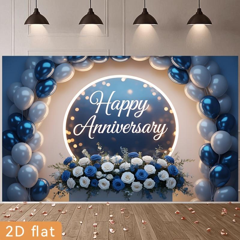 2D plane 1 piece with a birthday happy neon sign decorated with blue and white balloons and floral designs.