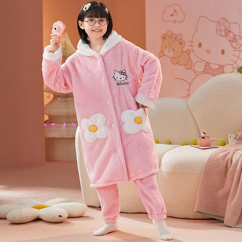 Kids Flannel Pajamas Set Boys Girls Warm Long Sleeve Top And Pants Sleepwear Winter Home Nightwear