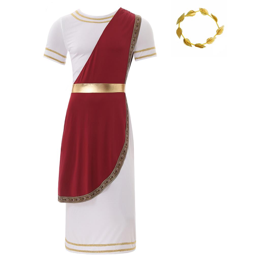 Mens Ancient Greek Toga Costume Short Sleeve Retro Gold Trim Roman Robe Headband Cosplay
