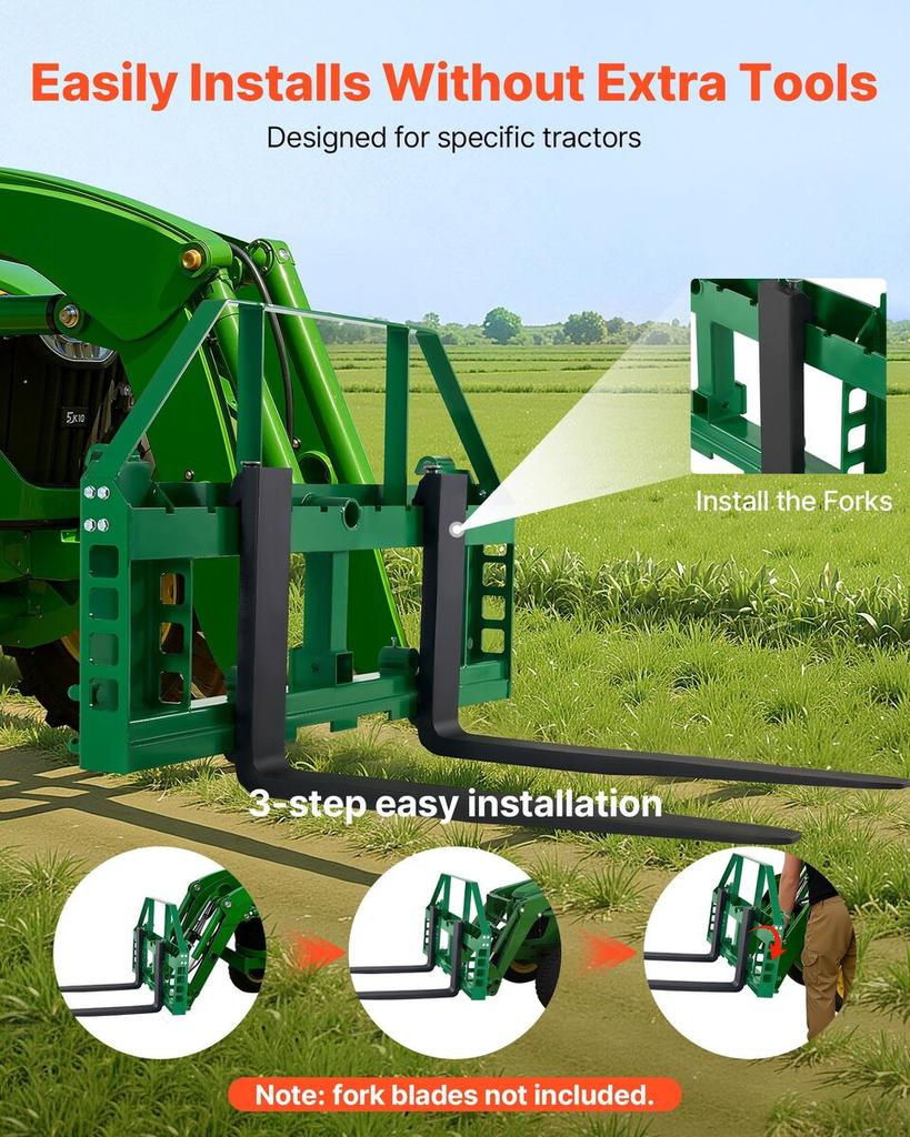 Skid Steer Pallet Frame, 1814 Kg Rated Load Capacity, 115 Cm Pallet Fork Frame Attachments with 50.8 Mm Hitch Receiver & Spear Sleeves, Fit for John
