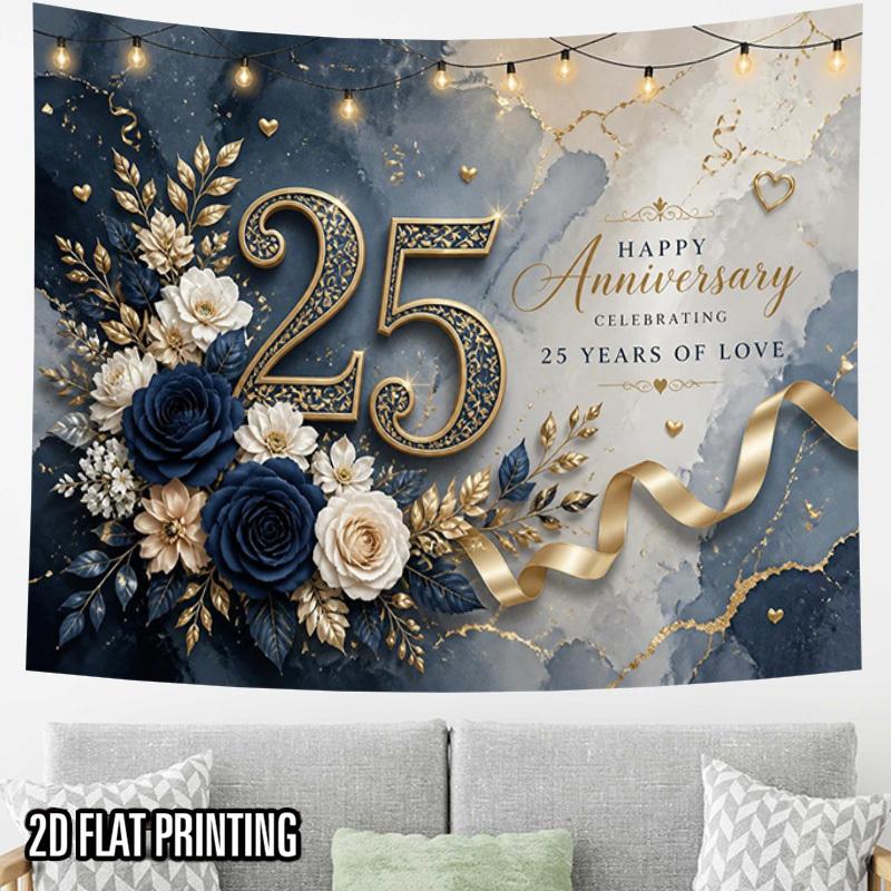 2D Flat - 2D Flat - 2D Flat Print 1pc Tapestry 25Th Anniversary Golden Floral Wall Hanging Luxury Wedding Celebration Decor Tapestry for College Dorm