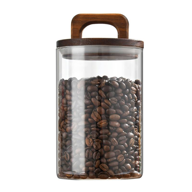 New Handle Wooden Cover High Borosilicate Glass Tea Storage Tank for Coffee Beans Dried Fruits Kitchen Spice
